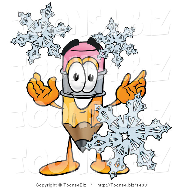 Illustration of a Cartoon Pencil Mascot with Three Snowflakes in Winter