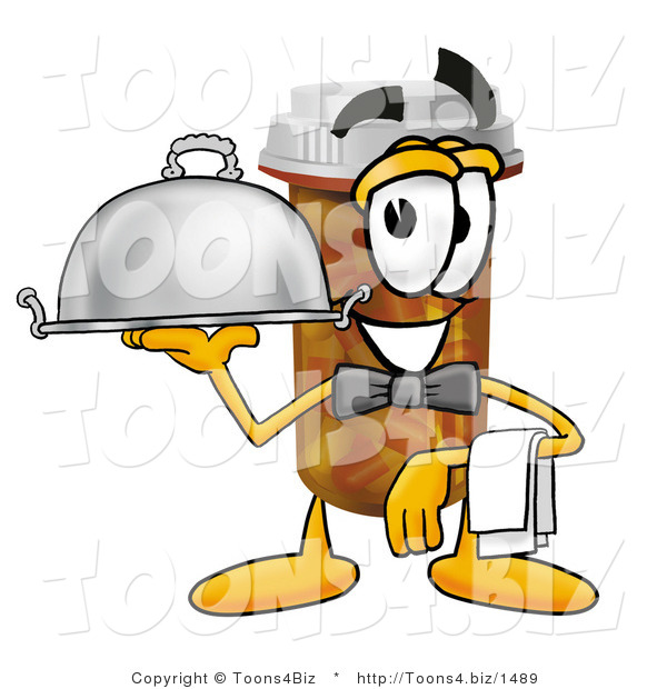 Illustration of a Cartoon Pill Bottle Mascot Dressed As a Waiter and Holding a Serving Platter