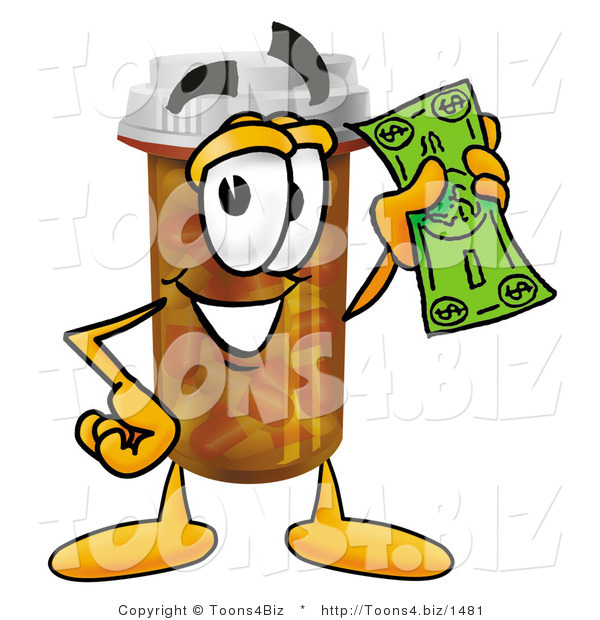 Illustration of a Cartoon Pill Bottle Mascot Holding a Dollar Bill