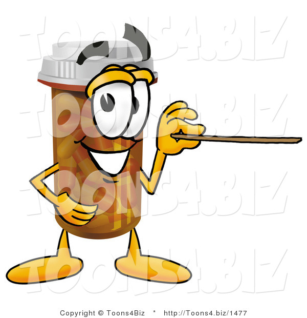 Illustration of a Cartoon Pill Bottle Mascot Holding a Pointer Stick