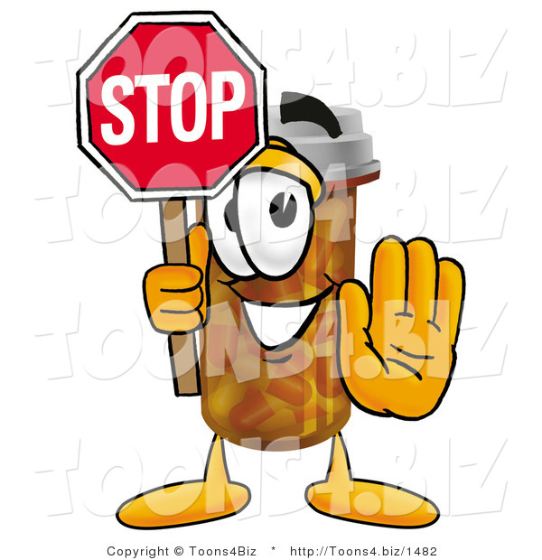 Illustration of a Cartoon Pill Bottle Mascot Holding a Stop Sign