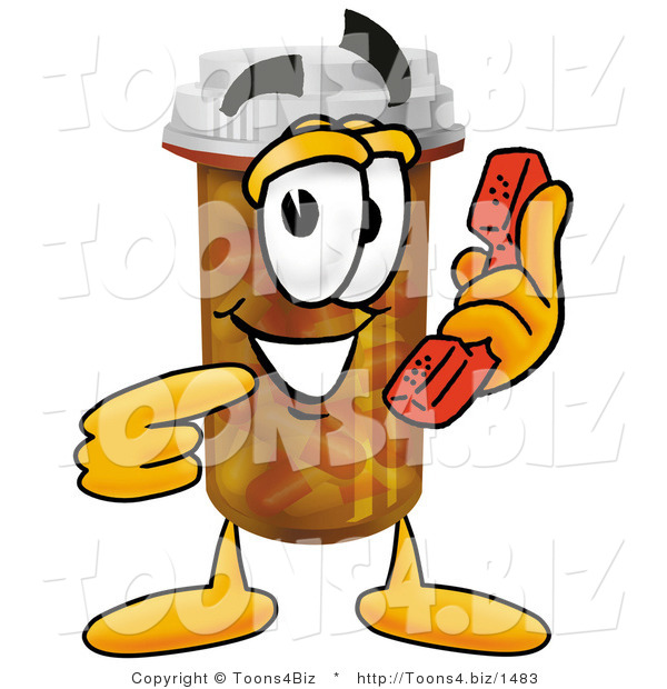 Illustration of a Cartoon Pill Bottle Mascot Holding a Telephone