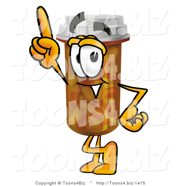 Illustration of a Cartoon Pill Bottle Mascot Pointing Upwards