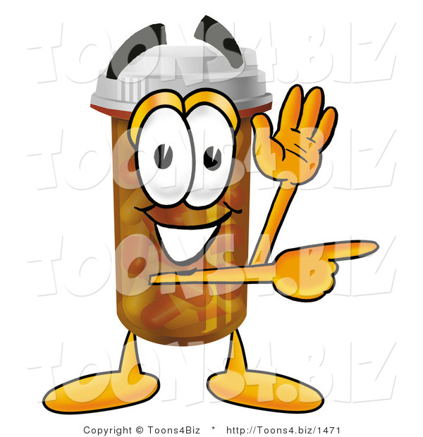 Illustration of a Cartoon Pill Bottle Mascot Waving and Pointing
