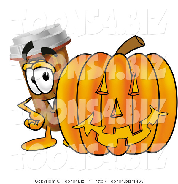 Illustration of a Cartoon Pill Bottle Mascot with a Carved Halloween Pumpkin