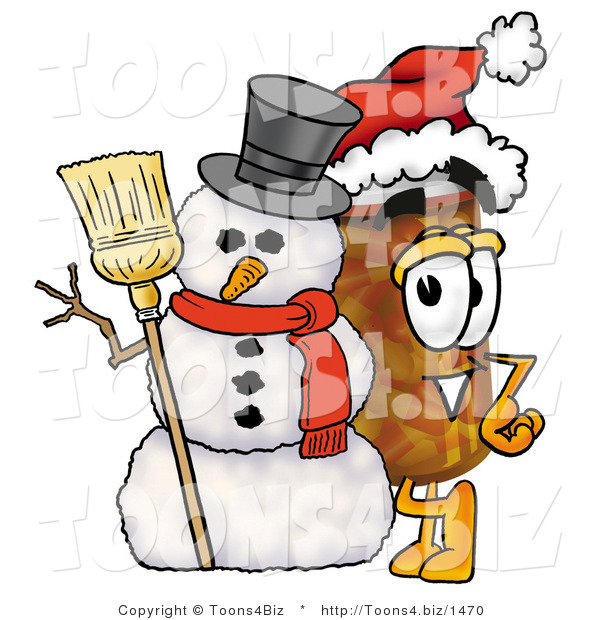 Illustration of a Cartoon Pill Bottle Mascot with a Snowman on Christmas
