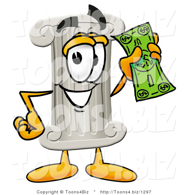 Illustration of a Cartoon Pillar Mascot Holding a Dollar Bill