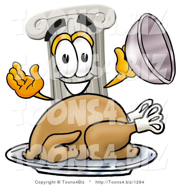 Illustration of a Cartoon Pillar Mascot Serving a Thanksgiving Turkey on a Platter