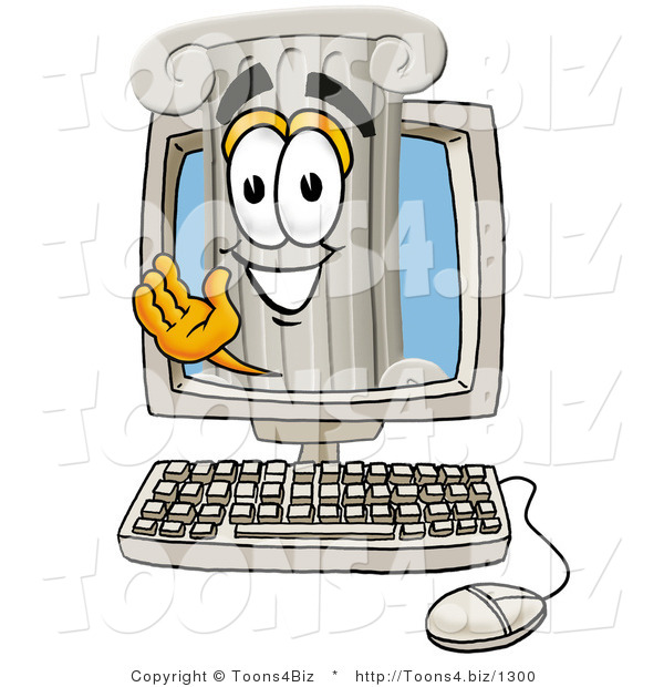 Illustration of a Cartoon Pillar Mascot Waving from Inside a Computer Screen