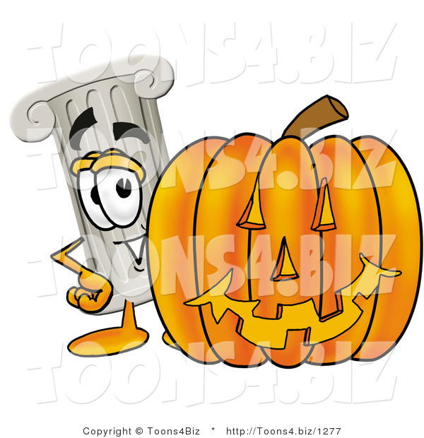 Illustration of a Cartoon Pillar Mascot with a Carved Halloween Pumpkin