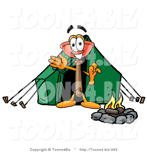Illustration of a Cartoon Plunger Mascot Camping with a Tent and Fire