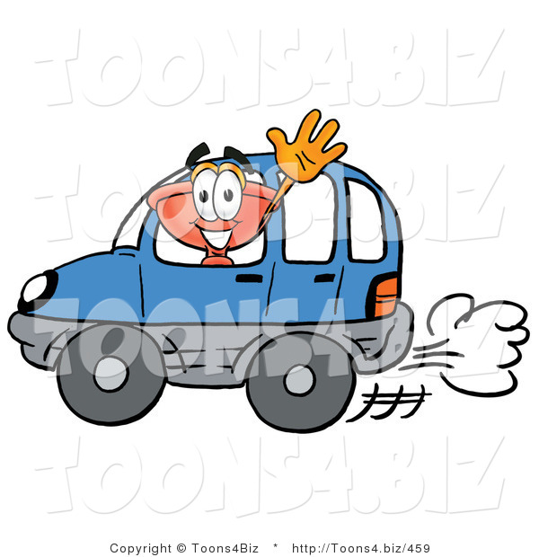 Illustration of a Cartoon Plunger Mascot Driving a Blue Car and Waving
