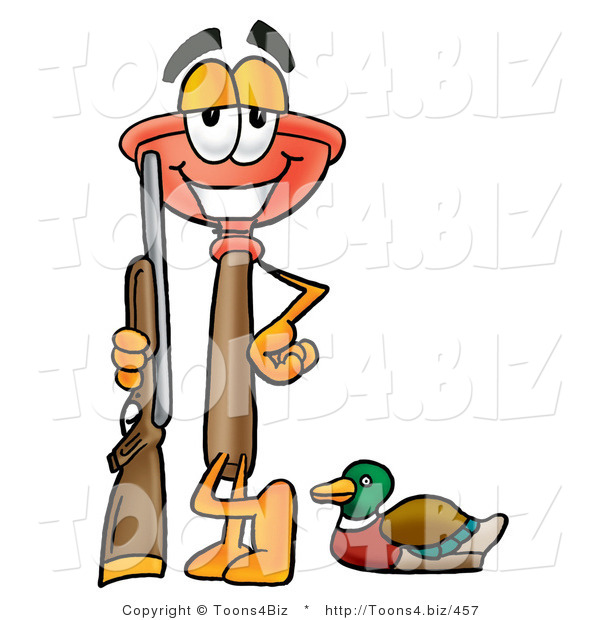 Illustration of a Cartoon Plunger Mascot Duck Hunting, Standing with a Rifle and Duck
