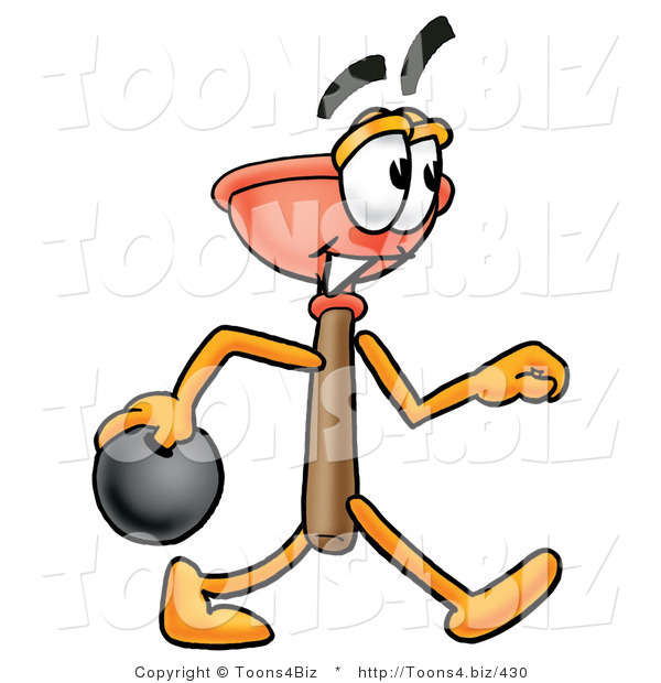 Illustration of a Cartoon Plunger Mascot Holding a Bowling Ball