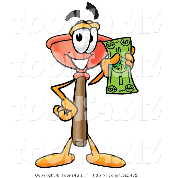 Illustration of a Cartoon Plunger Mascot Holding a Dollar Bill