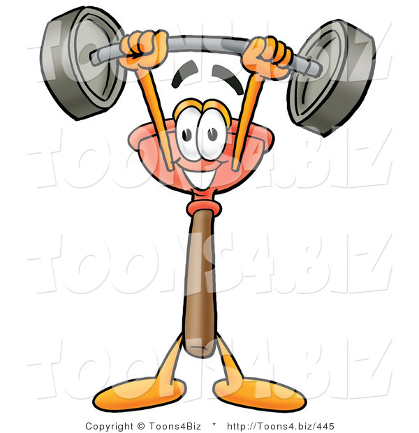 Illustration of a Cartoon Plunger Mascot Holding a Heavy Barbell Above His Head