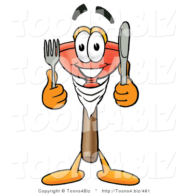 Illustration of a Cartoon Plunger Mascot Holding a Knife and Fork