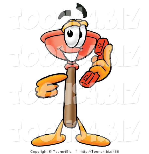 Illustration of a Cartoon Plunger Mascot Holding a Telephone