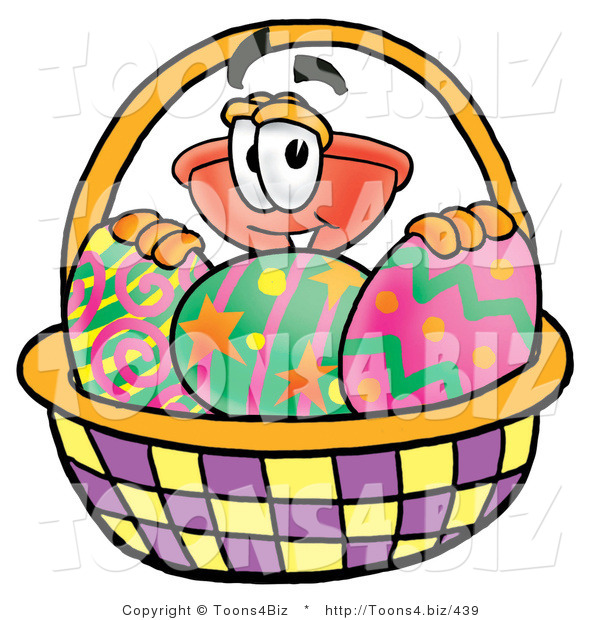 Illustration of a Cartoon Plunger Mascot in an Easter Basket Full of Decorated Easter Eggs