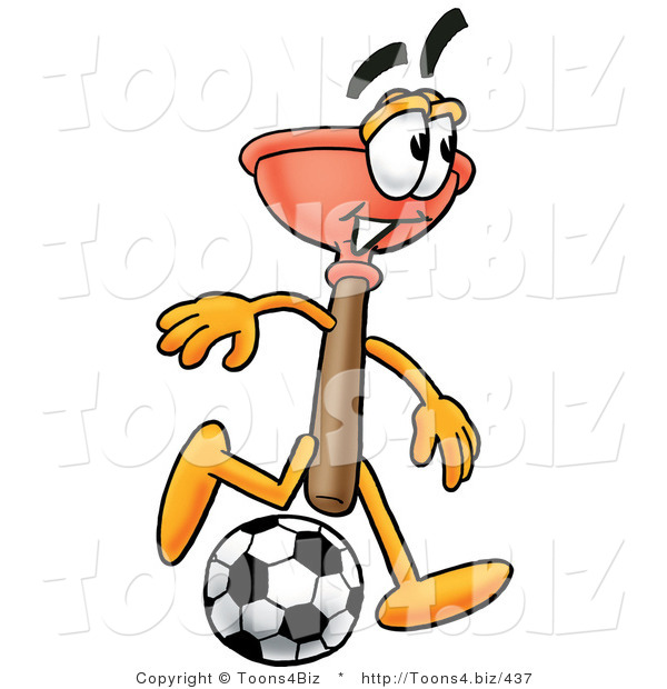Illustration of a Cartoon Plunger Mascot Kicking a Soccer Ball