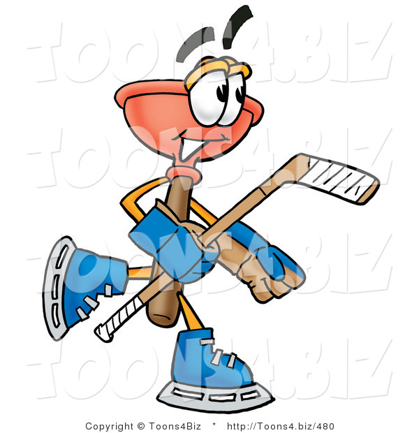 Illustration of a Cartoon Plunger Mascot Playing Ice Hockey