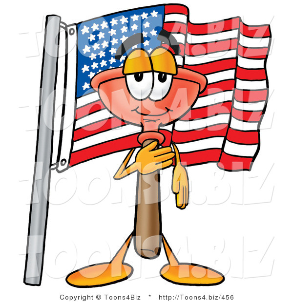 Illustration of a Cartoon Plunger Mascot Pledging Allegiance to an American Flag