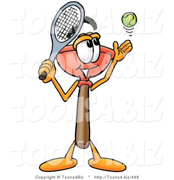 Illustration of a Cartoon Plunger Mascot Preparing to Hit a Tennis Ball