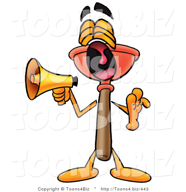 Illustration of a Cartoon Plunger Mascot Screaming into a Megaphone