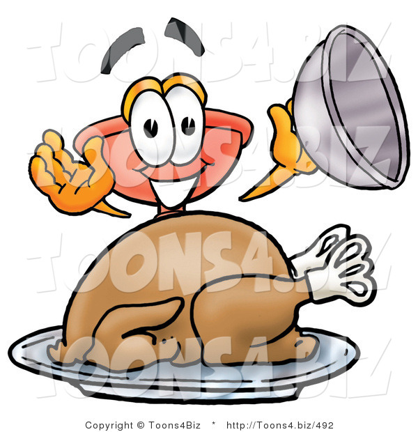 Illustration of a Cartoon Plunger Mascot Serving a Thanksgiving Turkey on a Platter