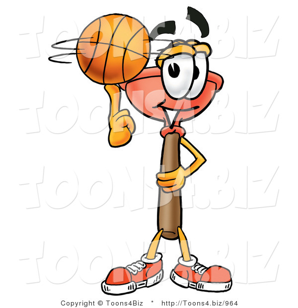 Illustration of a Cartoon Plunger Mascot Spinning a Basketball on His Finger