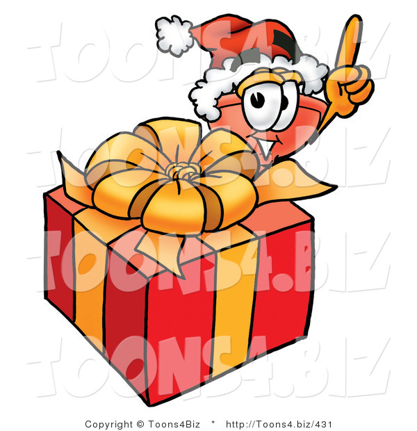 Illustration of a Cartoon Plunger Mascot Standing by a Christmas Present