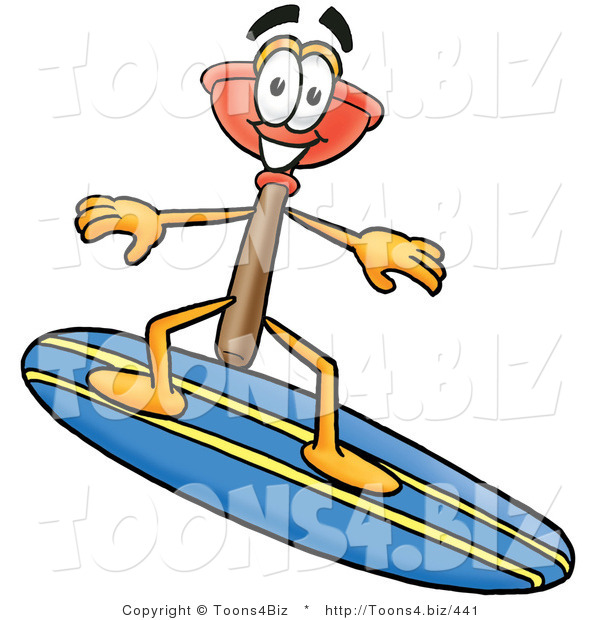 Illustration of a Cartoon Plunger Mascot Surfing on a Blue and Yellow Surfboard