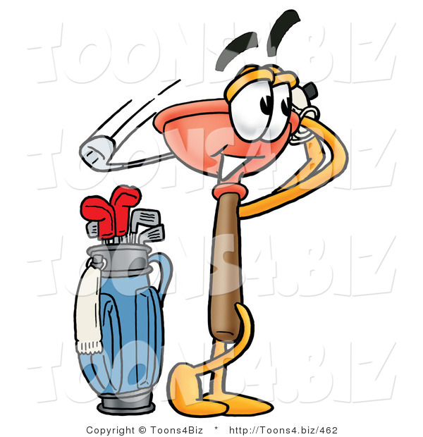 Illustration of a Cartoon Plunger Mascot Swinging His Golf Club While Golfing
