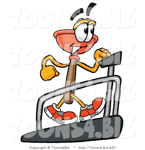 Illustration of a Cartoon Plunger Mascot Walking on a Treadmill in a Fitness Gym