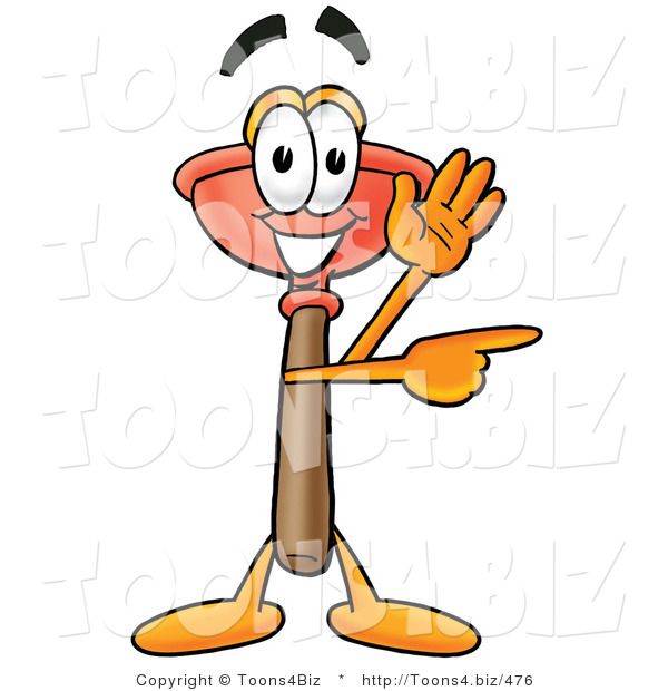 Illustration of a Cartoon Plunger Mascot Waving and Pointing