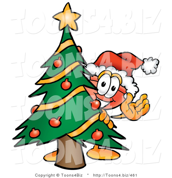 Illustration of a Cartoon Plunger Mascot Waving and Standing by a Decorated Christmas Tree