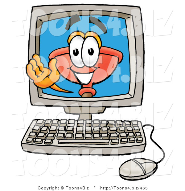 Illustration of a Cartoon Plunger Mascot Waving from Inside a Computer Screen