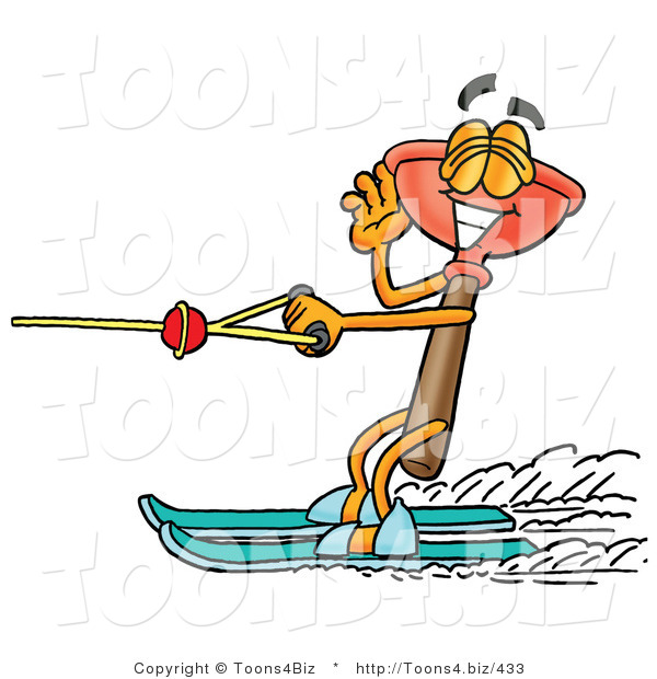 Illustration of a Cartoon Plunger Mascot Waving While Water Skiing