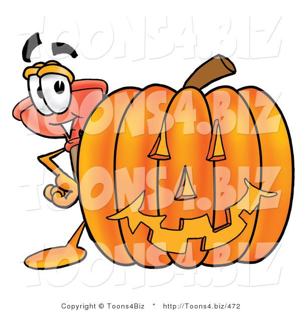 Illustration of a Cartoon Plunger Mascot with a Carved Halloween Pumpkin