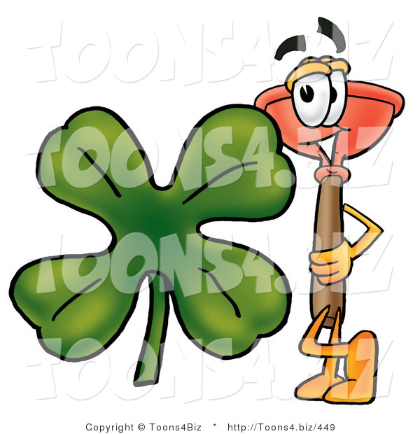 Illustration of a Cartoon Plunger Mascot with a Green Four Leaf Clover on St Paddy's or St Patricks Day