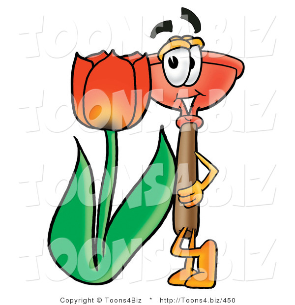 Illustration of a Cartoon Plunger Mascot with a Red Tulip Flower in the Spring