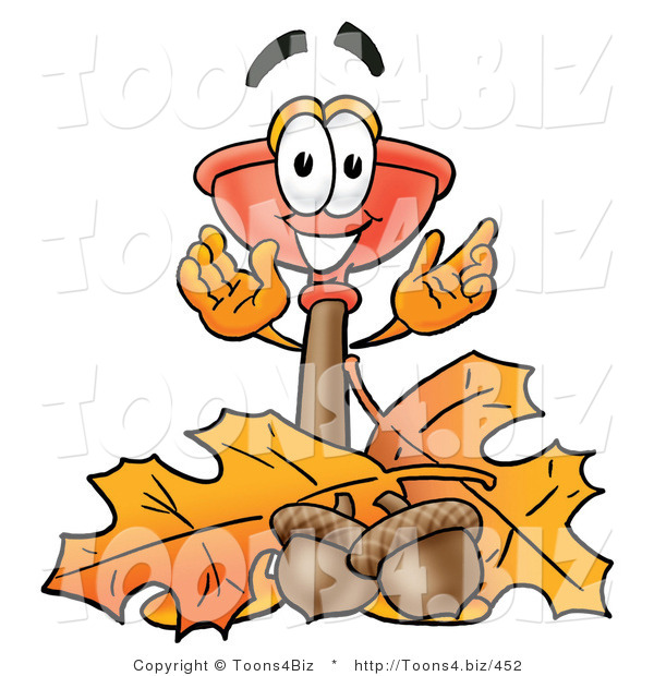 Illustration of a Cartoon Plunger Mascot with Autumn Leaves and Acorns in the Fall