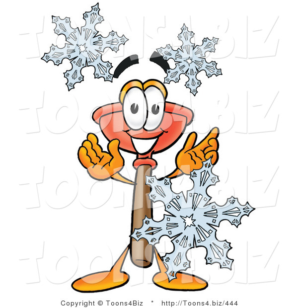 Illustration of a Cartoon Plunger Mascot with Three Snowflakes in Winter