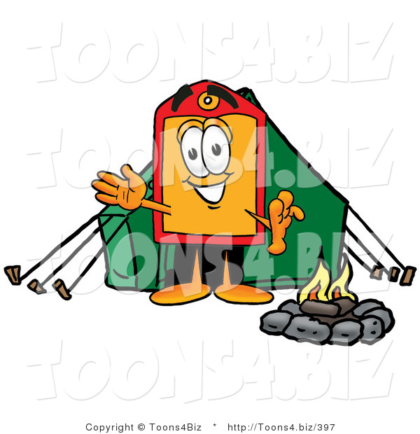 Illustration of a Cartoon Price Tag Mascot Camping with a Tent and Fire