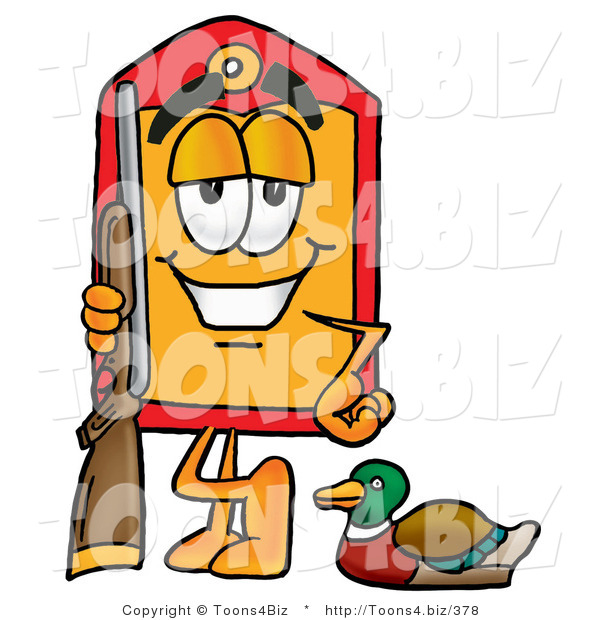 Illustration of a Cartoon Price Tag Mascot Duck Hunting, Standing with a Rifle and Duck