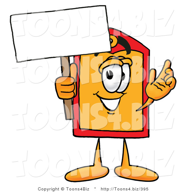 Illustration of a Cartoon Price Tag Mascot Holding a Blank Sign