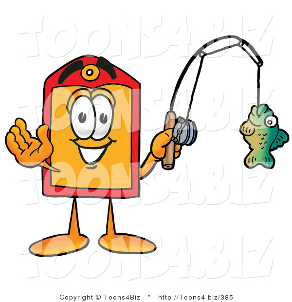 Illustration of a Cartoon Price Tag Mascot Holding a Fish on a Fishing Pole