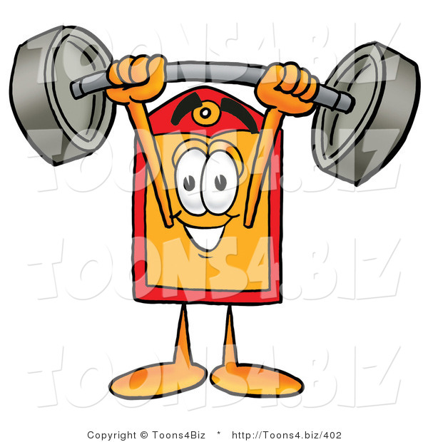 Illustration of a Cartoon Price Tag Mascot Holding a Heavy Barbell Above His Head