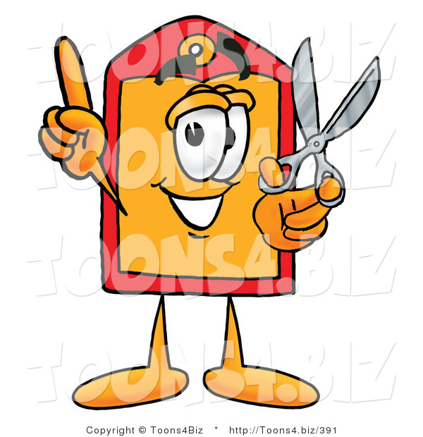 Illustration of a Cartoon Price Tag Mascot Holding a Pair of Scissors