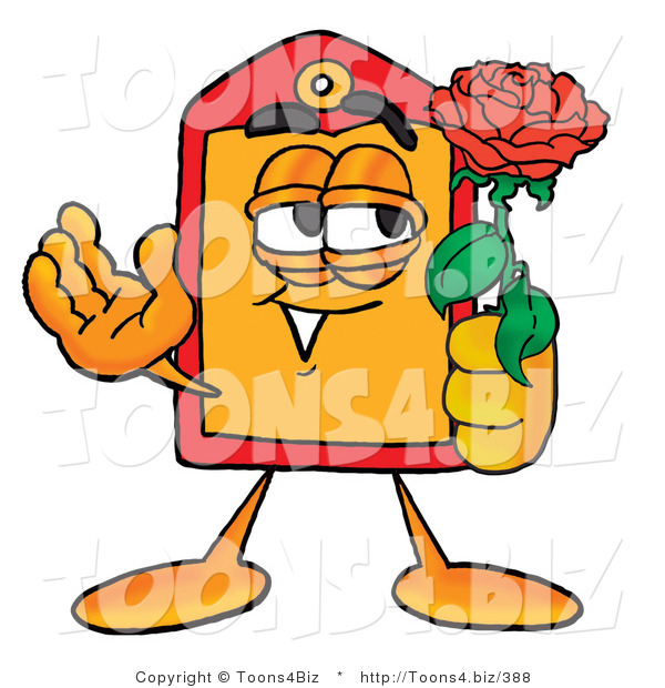 Illustration of a Cartoon Price Tag Mascot Holding a Red Rose on Valentines Day